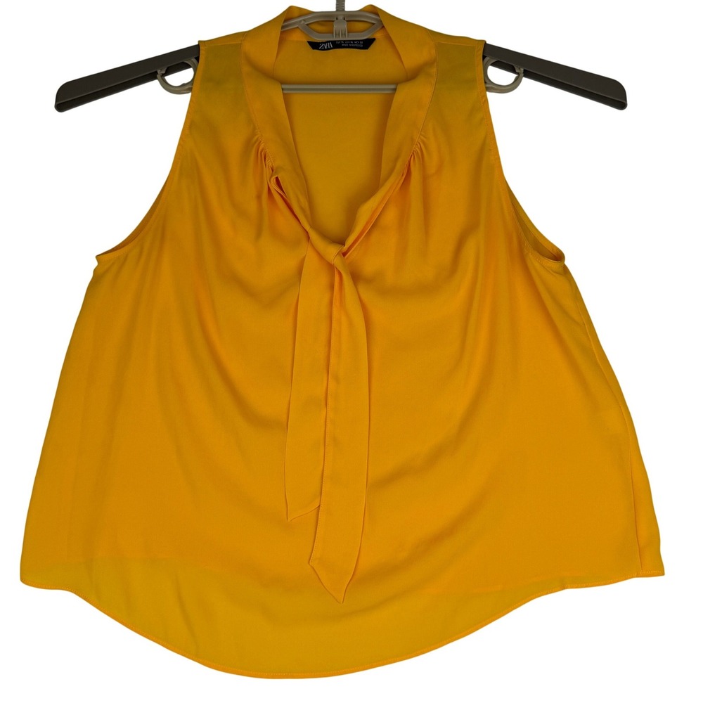Zara Blouse Women XL Sleeveless Tie Neck Mustard Yellow Top
